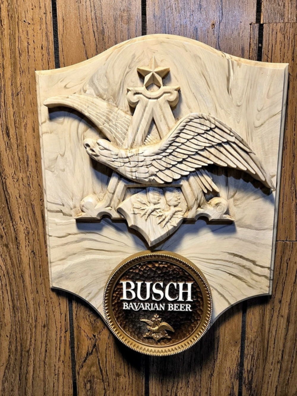 Vintage Busch Bavarian Beer eagle plaque Faux Marble 60s Or 70s Plastic